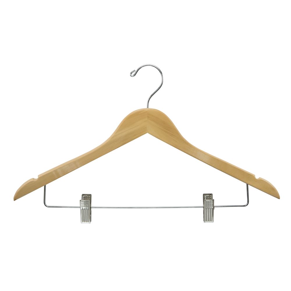 Women's Hanger, Flat Open Hook with Clips, Natural with Nickel Hook & Clips